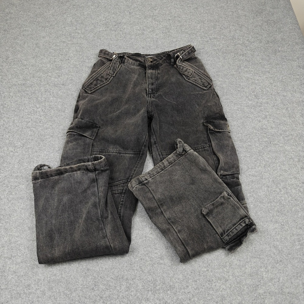 Maniere De Voir Cargo Strap Jeans Womens 4 Gray Charcoal Wash‎ Relaxed Denim